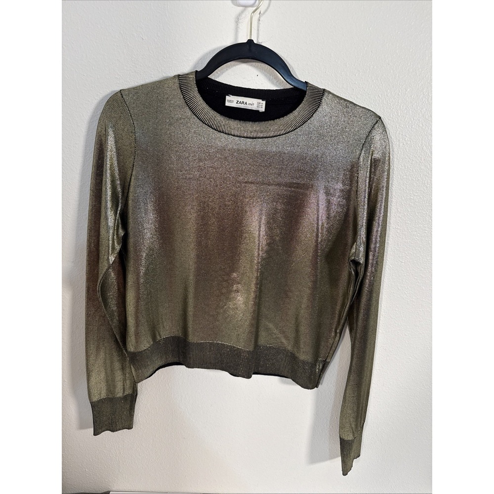 Zara Women's Gold Long Sleeve Crop Top Size Medium V1